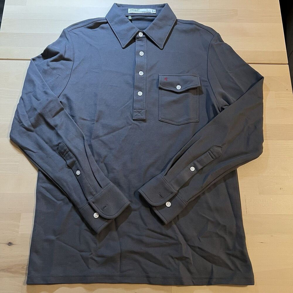 Criquet Pique Long Sleeve Gray Polo Mens Size Small Casual Organic Cotton